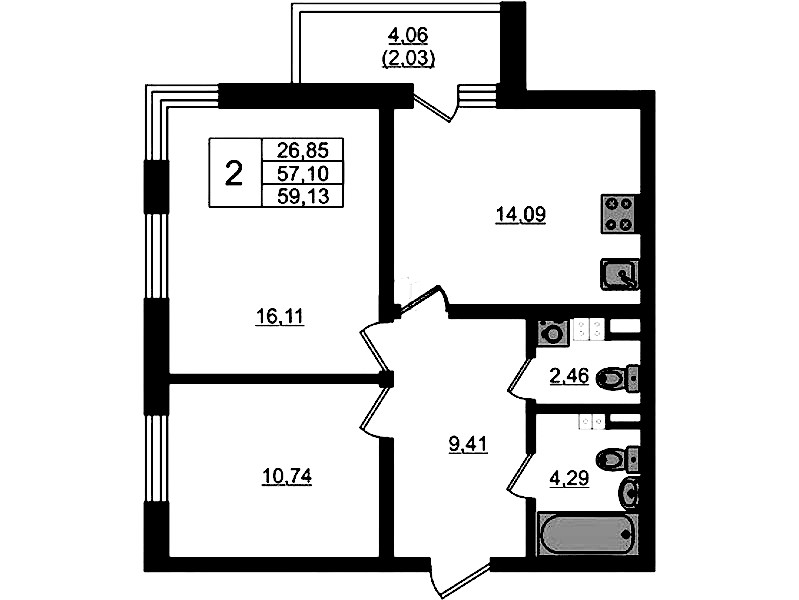 2-комнатная квартира 59.13 м², 3/4 эт., ЖК «Новая история»